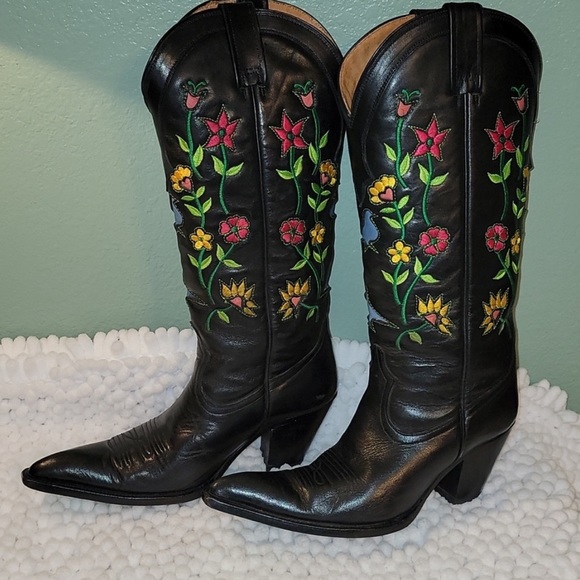 Black Floral w/stacked heel, Lane Fine Boots - Picture 2 of 15